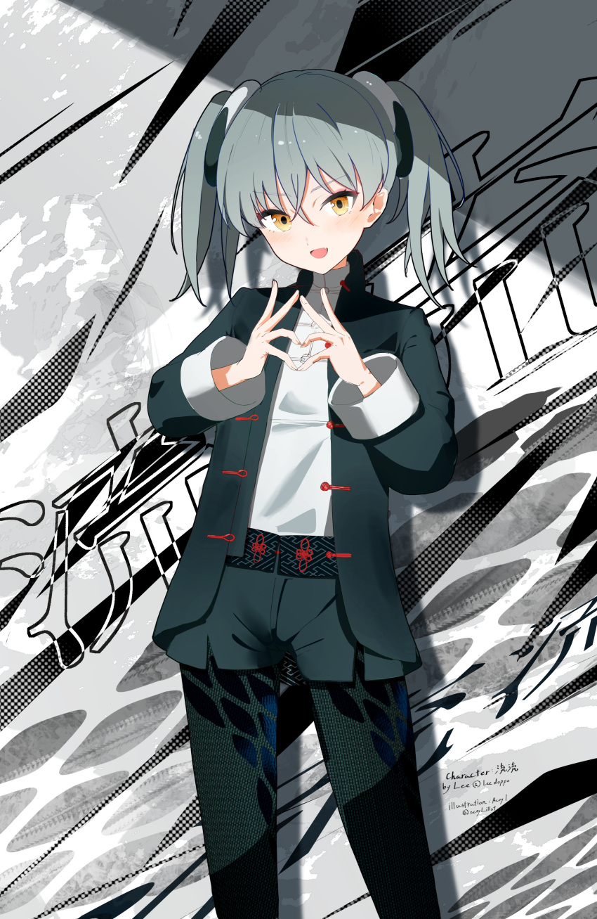 1girl :d absurdres acryl_(acryl_illust) black_jacket black_pantyhose black_shorts blush borrowed_character brown_eyes commentary_request fang grey_hair hair_between_eyes highres jacket long_sleeves looking_at_viewer open_clothes open_jacket original pantyhose pantyhose_under_shorts ruru_(leedoppo) shirt short_shorts shorts signature smile solo standing twintails twitter_username v-shaped_eyebrows white_shirt