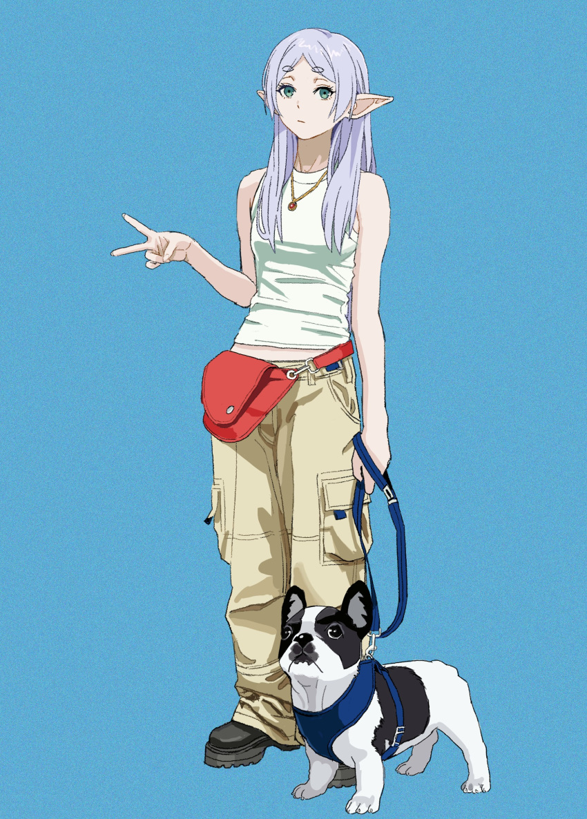 1girl absurdres bare_shoulders breasts dog earrings elf frieren full_body highres jewelry long_hair looking_at_viewer pants pointy_ears shiren_(ourboy83) sousou_no_frieren straight_hair white_hair