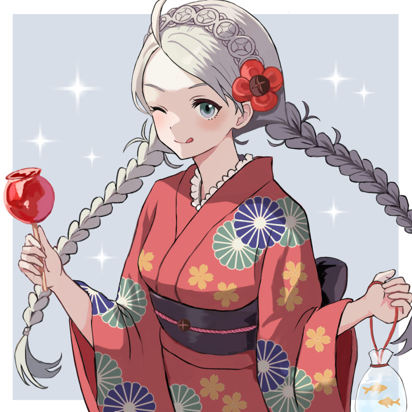 1girl ;d absurdres ahoge blue_eyes braid breasts candy_apple commission fire_emblem fire_emblem_fates fish flower food goldfish grey_hair hair_flower hair_ornament highres japanese_clothes kimono licking_lips long_hair looking_at_viewer low_twin_braids low_twintails medium_breasts nina_(fire_emblem) official_alternate_costume one_eye_closed parted_bangs red_kimono skeb_commission smile solo tongue tongue_out twin_braids twintails upper_body yukata yuurururun