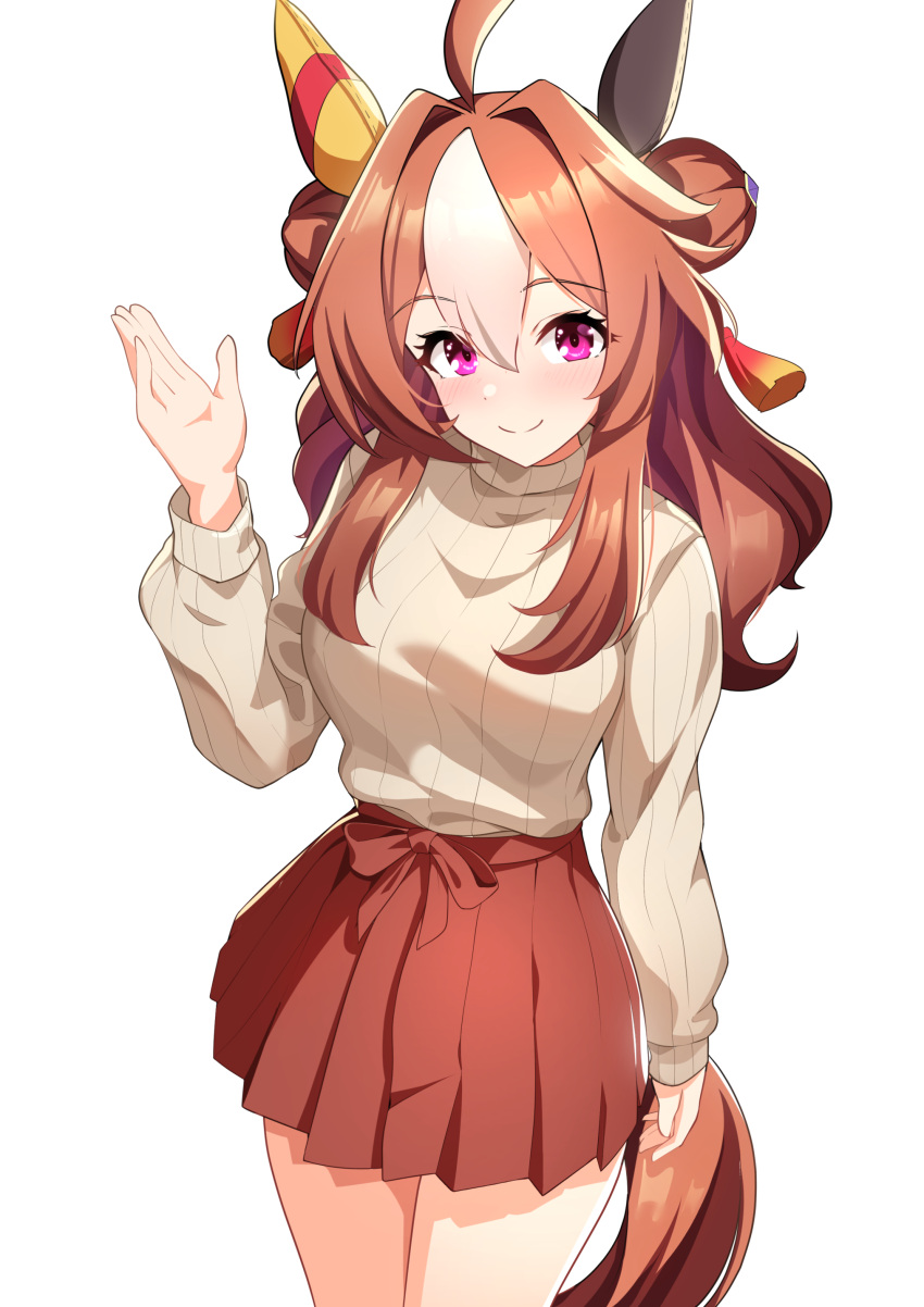 1girl absurdres ahoge animal_ears breasts brown_hair casual commentary_request copano_rickey_(umamusume) hair_bun highres horse_ears horse_girl horse_tail looking_at_viewer medium_breasts medium_hair open_mouth simple_background smile solo sunny_(20597521) sweater tail umamusume white_background