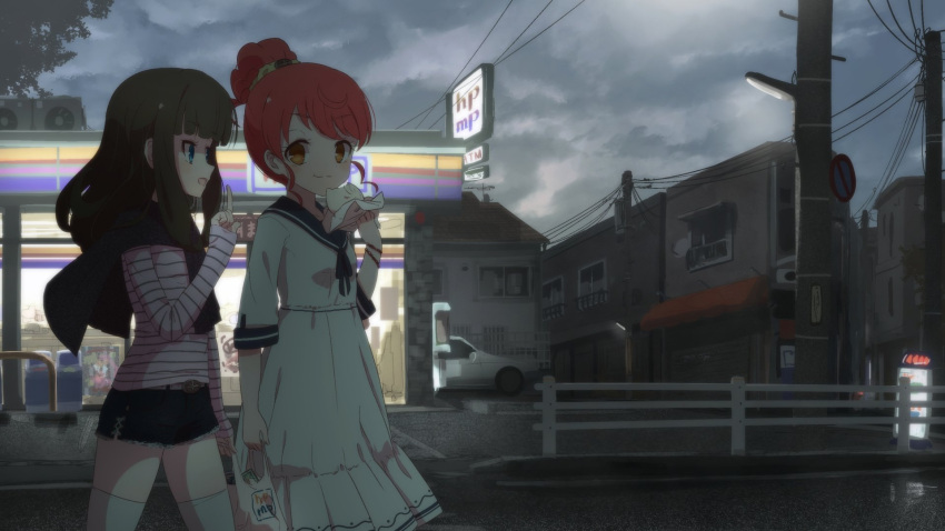 2girls bag baozi black_shorts blue_eyes brown_hair building car city convenience_store dress food food_wrapper hand_up highres holding holding_bag holding_food kurosu_aroma long_hair long_sleeves looking_at_another motor_vehicle multiple_girls open_mouth outdoors ponytail power_lines pretty_series pripara redhead road road_sign ruru_ashihara sailor_dress shiratama_mikan shirt shop shopping_bag short_hair shorts sign sky smile standing street striped_clothes striped_shirt third-party_source utility_pole white_dress yellow_eyes