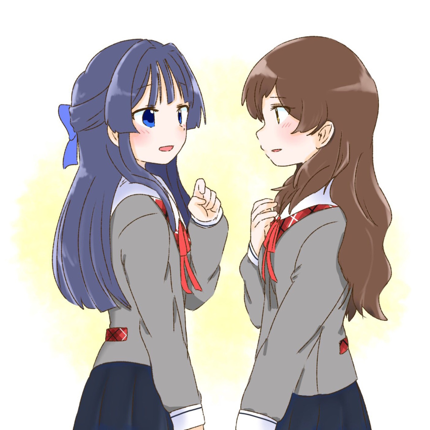 2girls black_skirt blue_eyes blue_hair blue_ribbon blunt_sidelocks blush brown_hair collar commentary_request dot_nose eye_contact face-to-face from_side grey_serafuku grey_shirt hair_over_shoulder hair_ribbon hand_on_own_chest hand_on_own_thigh highres hutaba idolmaster idolmaster_million_live! idolmaster_million_live!_theater_days junior_high_schoolmate_(idolmaster) kitazawa_shiho long_hair long_sleeves looking_at_another mogami_shizuka multiple_girls neck_ribbon official_alternate_costume parted_bangs parted_lips plaid_collar pleated_skirt red_ribbon ribbon school_uniform serafuku shirt sidelocks simple_background skirt standing straight_hair two-tone_background upper_body wavy_hair white_background white_collar yellow_background yellow_eyes