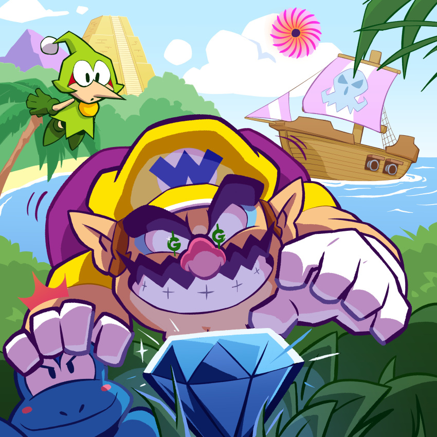 1boy absurdres blue_sky gem gloves green_hat grin hat highres jungle letitmelo merfle_(wario_land) mountain nature ocean pirate_ship pointy_ears portal_(object) pyramid_(structure) ship sky smile wario wario_land wario_land:_shake_it! wario_land_4 water watercraft white_gloves yellow_hat
