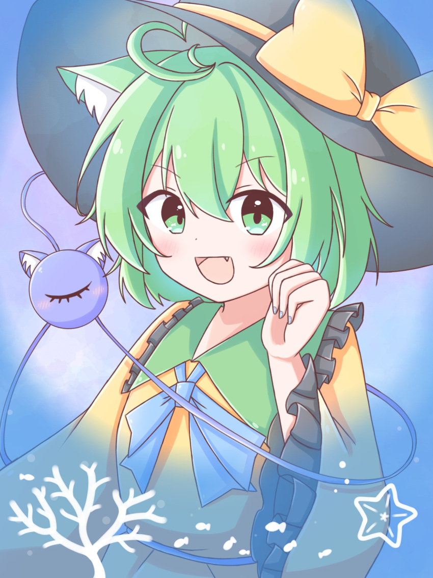 1girl :d absurdres ahoge ako_oekaki animal_ear_fluff animal_ears black_hat blouse blue_bow blue_bowtie blush bow bowtie cat_ears cat_girl dot_nose eyes_visible_through_hair fang frilled_shirt_collar frilled_sleeves frills green_eyes green_hair hair_between_eyes hand_up hat hat_bow heart heart_ahoge highres kemonomimi_mode komeiji_koishi long_sleeves looking_at_viewer medium_hair open_mouth shirt sketch smile solo star_(symbol) third_eye touhou upper_body wide_sleeves yellow_bow yellow_shirt