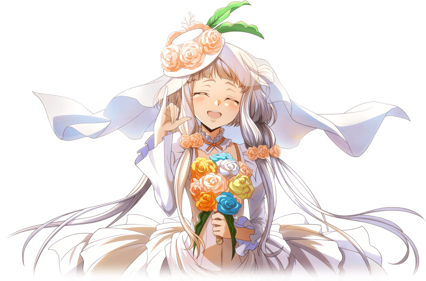 1girl \m/ ^_^ artist_request blue_flower blue_rose bouquet bridal_veil child closed_eyes code_geass code_geass:_lost_stories covered_navel cropped_torso dress facing_viewer flower game_cg hair_flower hair_ornament hands_up happy hat hat_flower highres holding holding_bouquet leaf long_hair long_sleeves non-web_source official_art open_mouth orange_flower orange_rose rose see-through_veil sidelocks simple_background smile solo standing tears teeth tianzi transparent_background upper_body veil very_long_hair wedding_dress white_dress white_flower white_hair white_rose yellow_flower yellow_rose