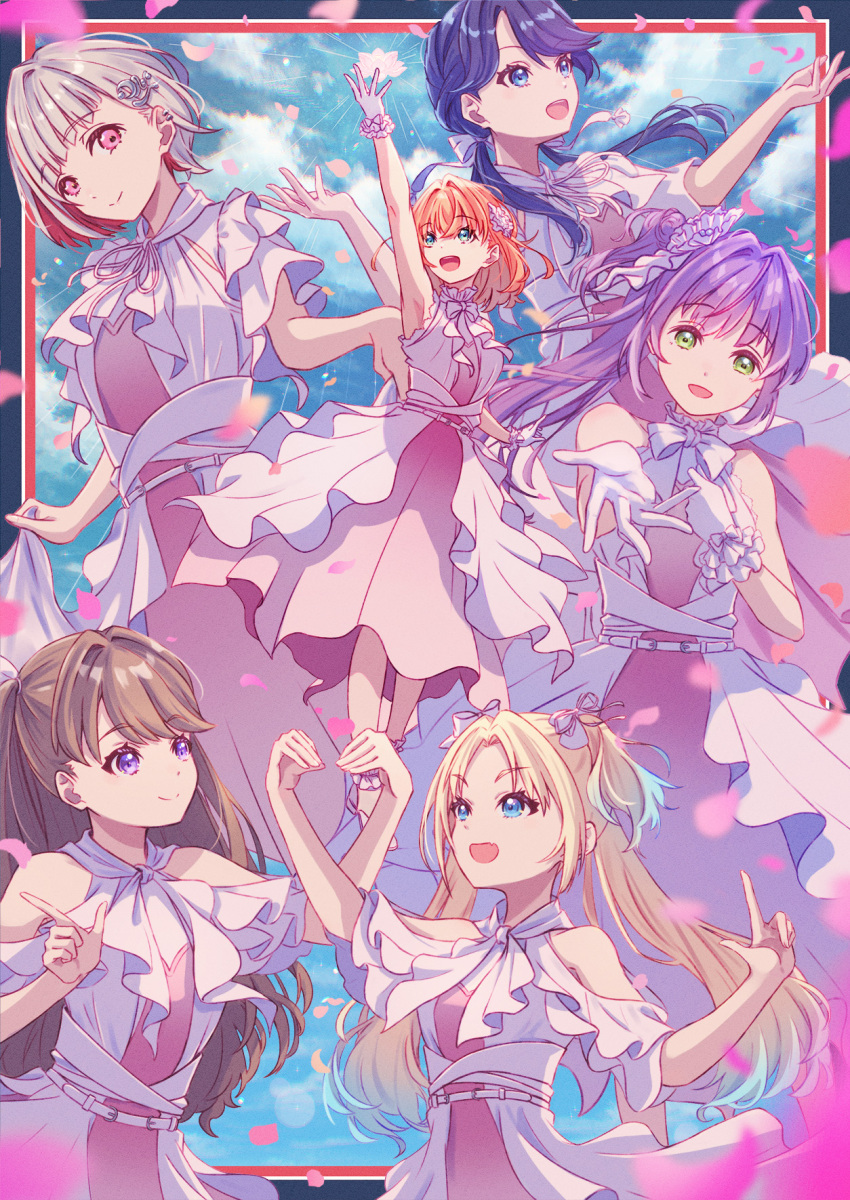 6+girls :d aqua_eyes black_border blonde_hair blue_eyes blue_hair blue_sky bob_cut border bow brown_hair chromatic_aberration closed_mouth clothing_cutout colored_inner_hair commentary_request crescent crescent_hair_ornament crossed_bangs dress falling_petals fang flower frilled_gloves frills fujishima_megumi glove_bow gloves gradient_hair green_eyes grey_hair hair_bow hair_bun hair_ornament hair_ribbon heart_arms_duo highres hinoshita_kaho index_finger_raised inset_border inverted_bob layered_dress light_blue_hair link!_like!_love_live! link_to_the_future_(love_live!) long_hair lotus love_live! macken medium_hair multicolored_hair multiple_girls murano_sayaka neck_ribbon open_mouth orange_hair osawa_rurino otomune_kozue outside_border parted_bangs petals pink_dress pink_eyes pink_petals purple_hair red_border redhead ribbon short_hair short_sleeves shoulder_cutout side_ponytail sidelocks single_side_bun skin_fang sky sleeveless sleeveless_dress smile split_mouth teeth twintails two_side_up upper_teeth_only violet_eyes virtual_youtuber white_bow white_dress white_gloves white_ribbon yugiri_tsuzuri