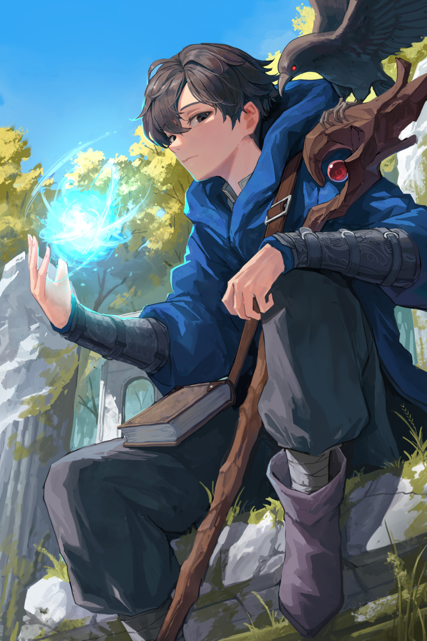 1boy absurdres bandages bird black_hair black_pants blue_hoodie blue_sky book bracer broken_pillar casting_spell character_request cho_gum closed_mouth commentary_request crow energy glowing grey_eyes grimoire highres holding holding_staff hood hoodie korean_commentary looking_at_viewer mage_staff magic novelpia overgrown pants sitting sky solo staff strap tree