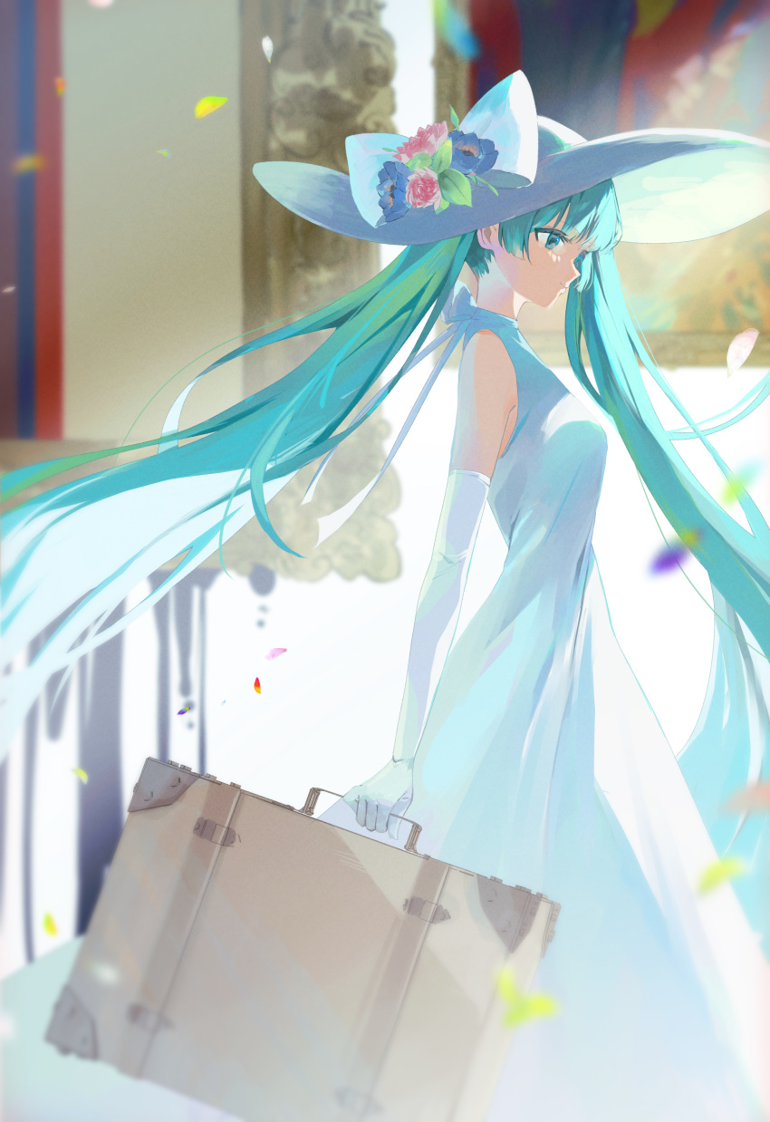 1girl absurdres aqua_eyes aqua_hair bare_shoulders blurry blurry_background bow breasts closed_mouth depth_of_field dress elbow_gloves floating_hair flower from_side gloves hat hat_bow hat_flower hatsune_miku highres holding long_dress long_hair maguri_rei petals profile red_flower rose sleeveless sleeveless_dress solo standing suitcase sun_hat twintails very_long_hair vocaloid white_bow white_dress white_gloves white_hat