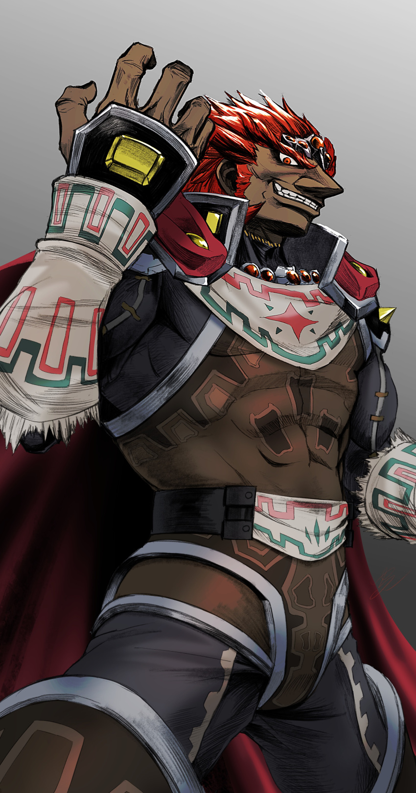 1boy abs absurdres armor belt cape commentary_request dark-skinned_male dark_skin from_below ganondorf gradient_background grey_background grin highres looking_at_viewer male_focus red_cape red_eyes redhead short_hair simple_background smile solo standing teeth the_legend_of_zelda the_legend_of_zelda:_ocarina_of_time yuuri_(fukuroudou)