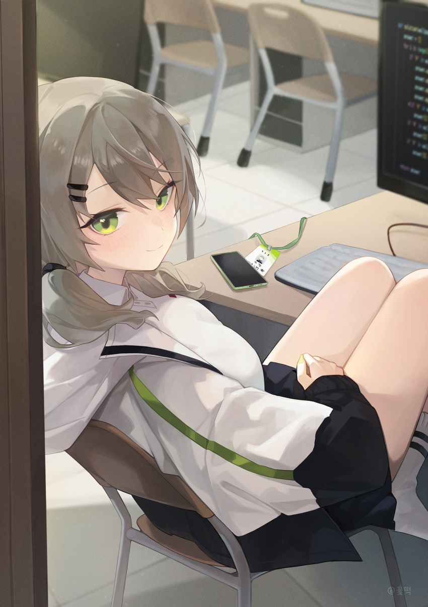 1girl black_skirt breasts brown_hair cellphone chair chat_log desk green_eyes grey_jacket hair_ornament hairclip highres jacket keyboard_(computer) legs_up long_sleeves looking_at_viewer looking_to_the_side low_twintails medium_breasts miniskirt monitor open_clothes open_jacket phone pleated_skirt s0104y school_chair school_desk shirt sitting skirt smartphone smile socks solo thighs twintails viichan virtual_youtuber waktaverse white_shirt white_socks