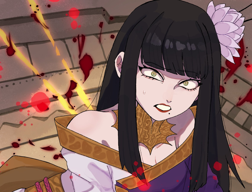 1girl bare_shoulders black_hair blood blunt_bangs clenched_teeth constricted_pupils final_fantasy final_fantasy_xiv flower from_above glaa_da gold_trim hair_flower hair_ornament highres hyur japanese_clothes kimono long_hair looking_at_viewer mole mole_under_mouth purple_kimono red_lips straight_hair sweat teeth two-tone_kimono upper_body white_kimono wide-eyed yellow_collar yellow_eyes yotsuyu_goe_brutus
