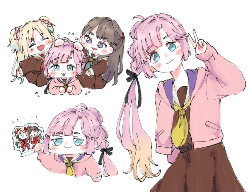 3girls :3 acrylic_stand anyoji_hime aqua_neckerchief arm_behind_back black_ribbon blonde_hair blue_eyes blue_hair blunt_bangs blush blush_stickers brown_dress brown_hair chibi closed_mouth commentary cowboy_shot deformed dress flower flying_sweatdrops fujishima_megumi gradient_hair hair_flower hair_intakes hair_ornament hair_ribbon half-closed_eyes hand_up hasu_no_sora_school_uniform headpat holding jacket leaning_to_the_side light_blue_hair link!_like!_love_live! long_hair long_sleeves love_live! mira-cra_park! moso_(expect66) motion_lines multi-tied_hair multicolored_hair multiple_girls multiple_views neckerchief notice_lines open_clothes open_jacket open_mouth osawa_rurino parted_bangs pink_flower pink_hair pink_jacket pleated_dress ponytail red_neckerchief ribbon sailor_collar sailor_dress school_uniform sidelocks simple_background swept_bangs symbol-only_commentary tareme twintails two_side_up v very_long_hair violet_eyes virtual_youtuber white_background white_sailor_collar winter_uniform yellow_neckerchief