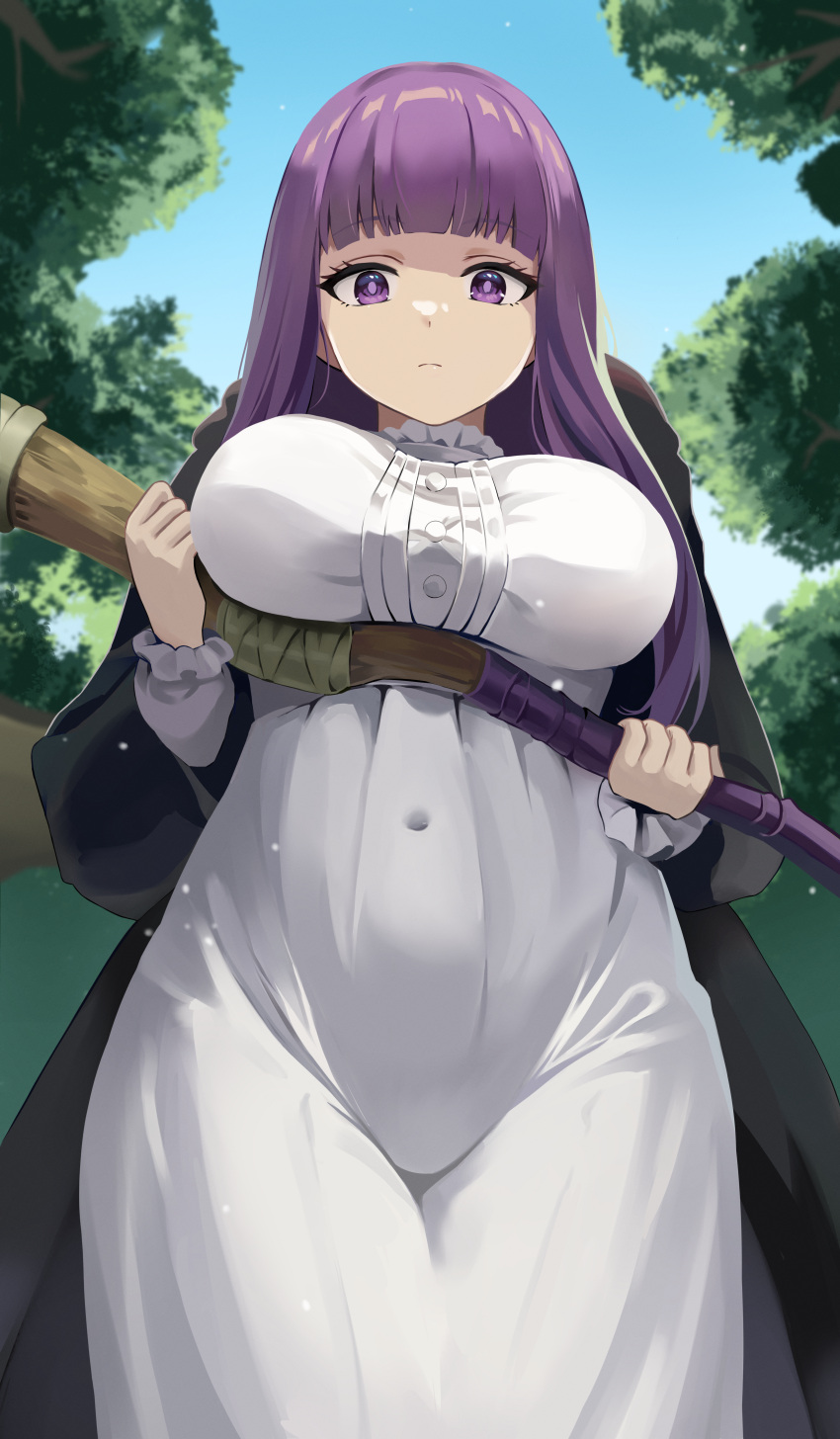 1girl absurdres black_robe blue_sky blunt_bangs breasts closed_mouth dress fern_(sousou_no_frieren) from_below highres holding holding_staff holding_weapon large_breasts long_hair looking_at_viewer purple_hair robe seukare sky solo sousou_no_frieren staff straight_hair tree violet_eyes weapon white_dress