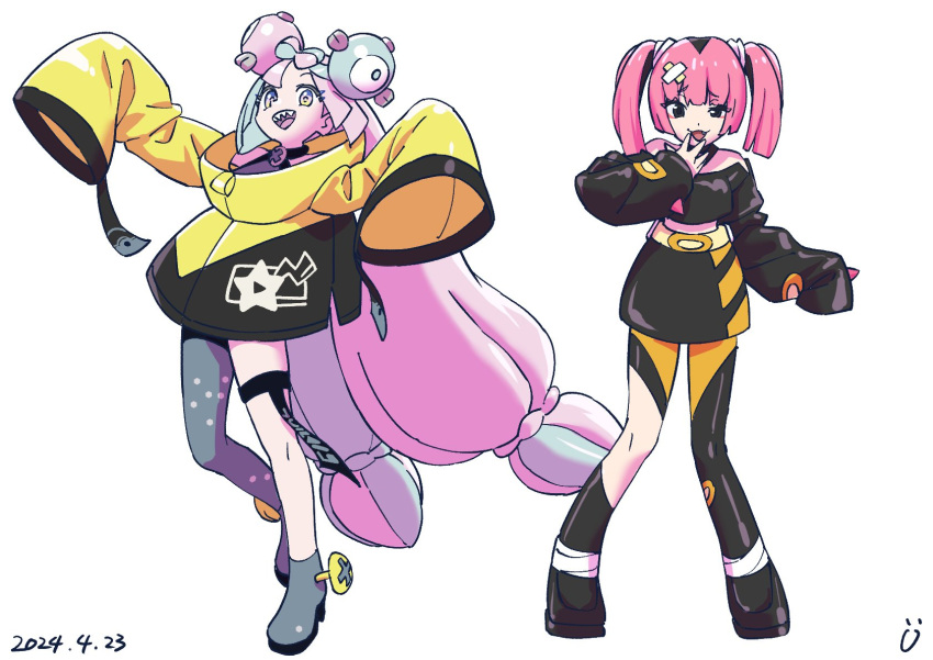 2girls :d bare_shoulders black_eyes black_pantyhose black_shirt black_skirt blue_hair bow-shaped_hair character_hair_ornament coral_(pokemon) cropped_shirt dated eyelashes fang full_body grey_pantyhose hair_ornament highres iono_(pokemon) jacket long_hair long_sleeves looking_at_viewer multicolored_hair multiple_girls open_mouth pantyhose pink_eyes pink_hair pisto1star pokemon pokemon_(anime) pokemon_horizons sharp_teeth shirt single_leg_pantyhose skirt sleeves_past_fingers sleeves_past_wrists smile smug teeth thigh_strap twintails two-tone_hair upper_teeth_only very_long_hair white_background yellow_jacket