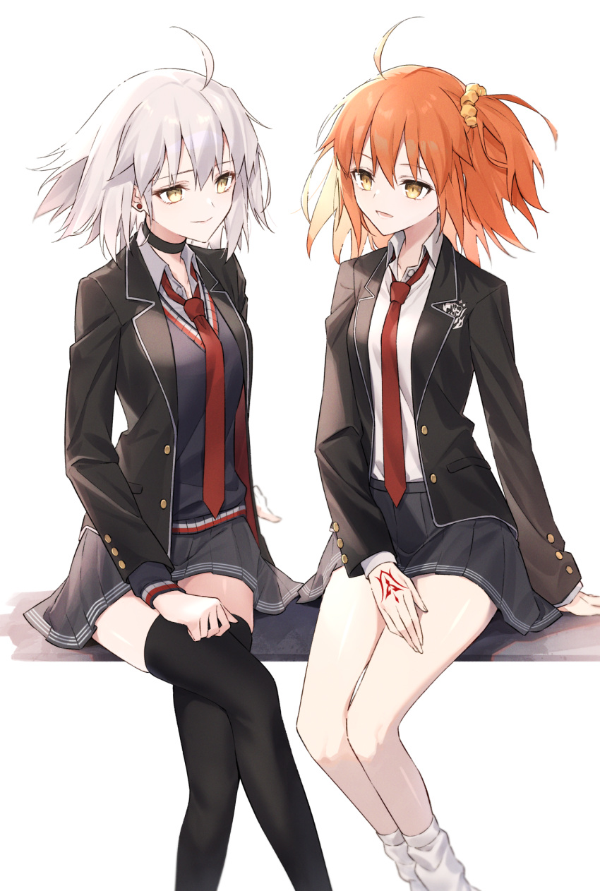 2girls ahoge black_choker black_jacket black_skirt black_thighhighs blue_cardigan buttons cardigan choker closed_mouth collared_shirt command_spell commentary_request crossed_arms fate/grand_order fate_(series) fujimaru_ritsuka_(female) grey_hair hair_between_eyes hair_ornament hair_scrunchie highres jacket jeanne_d'arc_alter_(fate) long_sleeves looking_at_another multiple_girls necktie official_alternate_costume open_clothes open_jacket open_mouth orange_hair pleated_skirt pttyr red_necktie school_uniform scrunchie shirt short_hair simple_background sitting skirt smile socks thigh-highs uniform white_background white_shirt white_socks yellow_eyes yellow_scrunchie