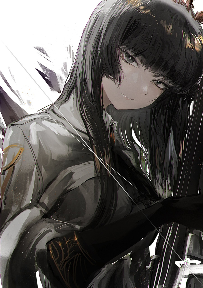 1girl arknights ascot black_ascot black_bustier black_eyes black_gloves black_hair black_halo black_wings blunt_bangs bow_(music) breasts bright_pupils broken_halo bustier buttons cello closed_mouth collared_jacket colored_inner_hair commentary_request dark_halo detached_wings dress_shirt energy_wings eyelashes from_side gloves grey_hair grey_jacket grey_shirt hair_over_shoulder halo hamaguri-san_(hamagur69200744) head_tilt highres hime_cut holding holding_bow_(music) holding_instrument holding_violin instrument jacket layered_sleeves long_hair long_sleeves looking_at_viewer medium_breasts mole mole_under_eye multicolored_hair pale_skin shirt short-sleeved_jacket short_over_long_sleeves short_sleeves sidelocks simple_background smile solo standing straight_hair two-tone_hair very_long_hair violin virtuosa_(arknights) white_background white_pupils wide_sleeves wing_collar wings