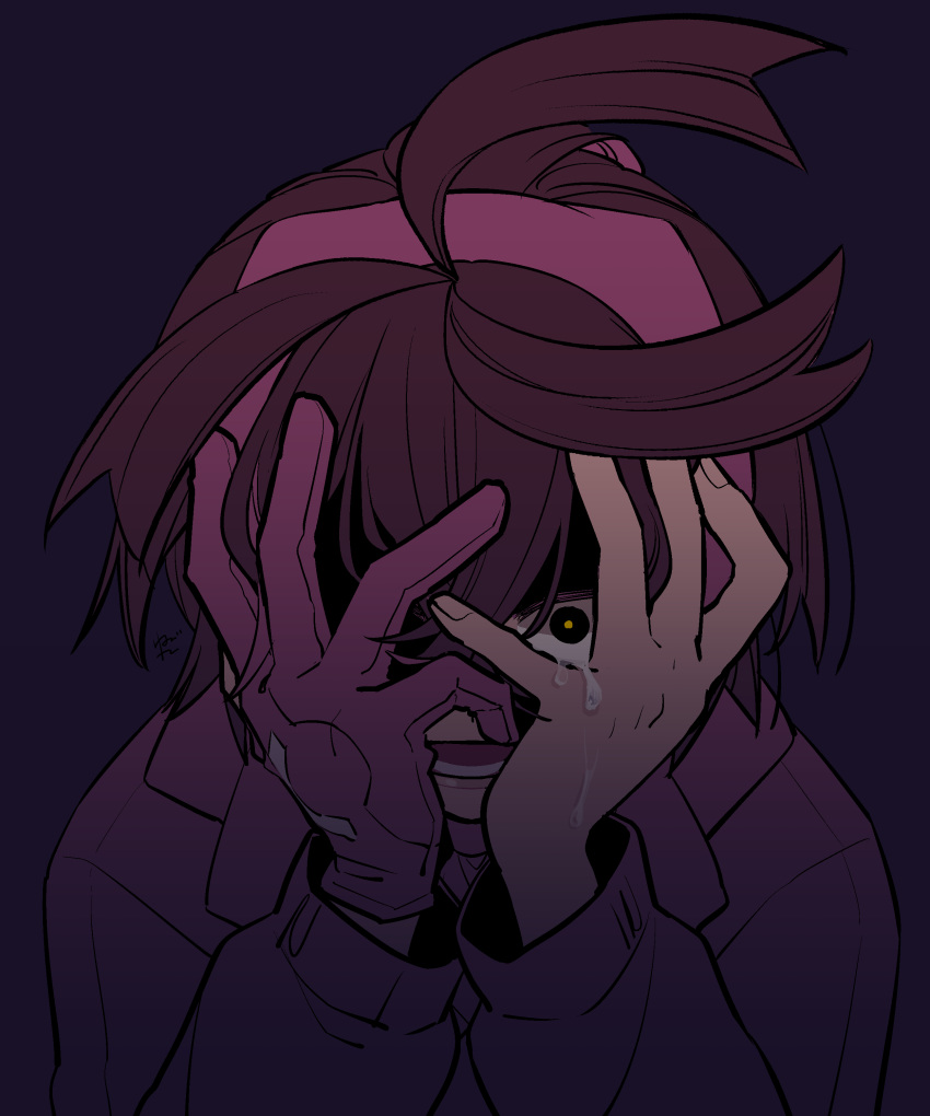 1boy 4lily absurdres crossed_bangs crying crying_with_eyes_open gloves hair_between_eyes hairband hands_on_own_face highres jacket kieran_(pokemon) long_sleeves looking_at_viewer male_focus open_mouth partially_fingerless_gloves pokemon simple_background single_glove solo tears upper_body