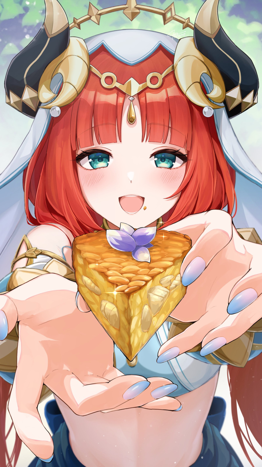 1girl absurdres blue_eyes circlet crop_top detached_sleeves fake_horns food genshin_impact harem_outfit highres holding holding_food horns jewelry light_blush looking_at_viewer neck_ring nilou_(genshin_impact) open_mouth puffy_sleeves redhead shironashiro_p skirt smile solo stomach twintails veil