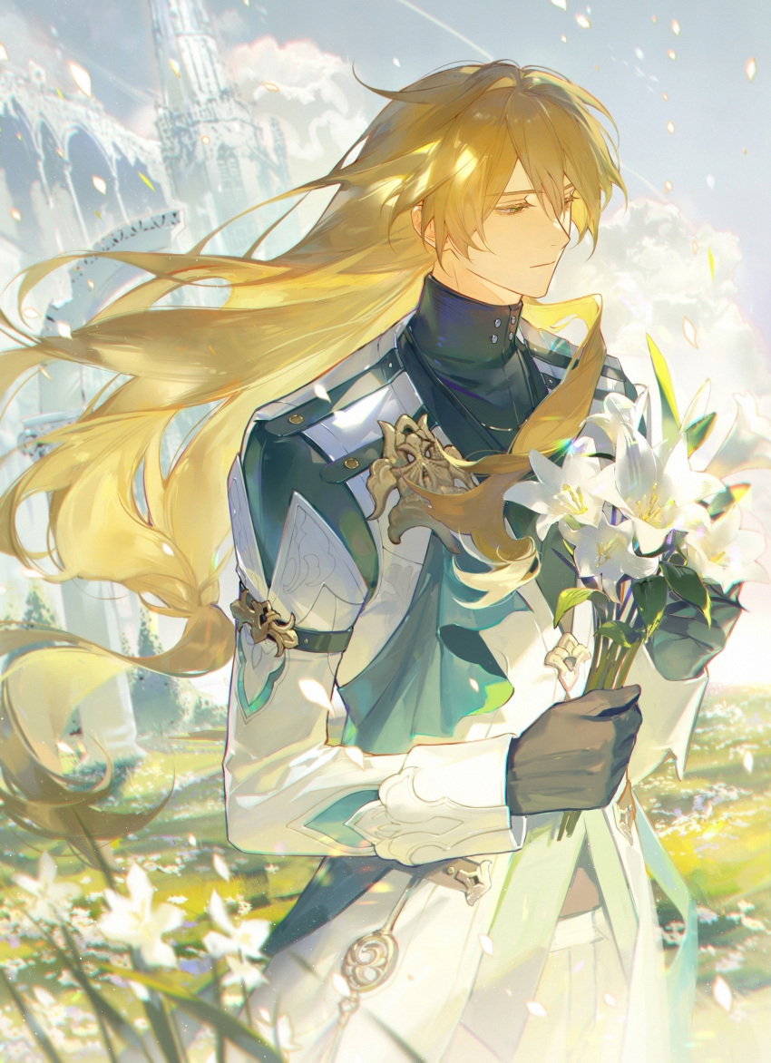 1boy absurdres black_gloves blonde_hair bouquet chinese_commentary closed_mouth clouds commentary_request flower gloves hair_between_eyes half-closed_eyes high_collar highres holding holding_bouquet honkai:_star_rail honkai_(series) jacket lily_(flower) long_eyelashes long_hair long_sleeves looking_to_the_side luocha_(honkai:_star_rail) male_focus renjian_shilian solo standing upper_body white_flower wind
