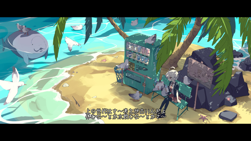 1girl absurdres ahoge bird black_jacket black_thighhighs blazer commentary_request damao_(kiwa777) dappled_sunlight dated_commentary day highres island jacket letterboxed looking_at_animal looking_to_the_side manatee miniskirt necktie ocean original outdoors palm_tree pleated_skirt red_eyes red_necktie red_skirt rock sand scenery seagull seashell shell shirt short_hair sign skirt solo starfish subtitled sunlight talking_animal thigh-highs translation_request trash_can tree vending_machine white_hair white_shirt wide_shot