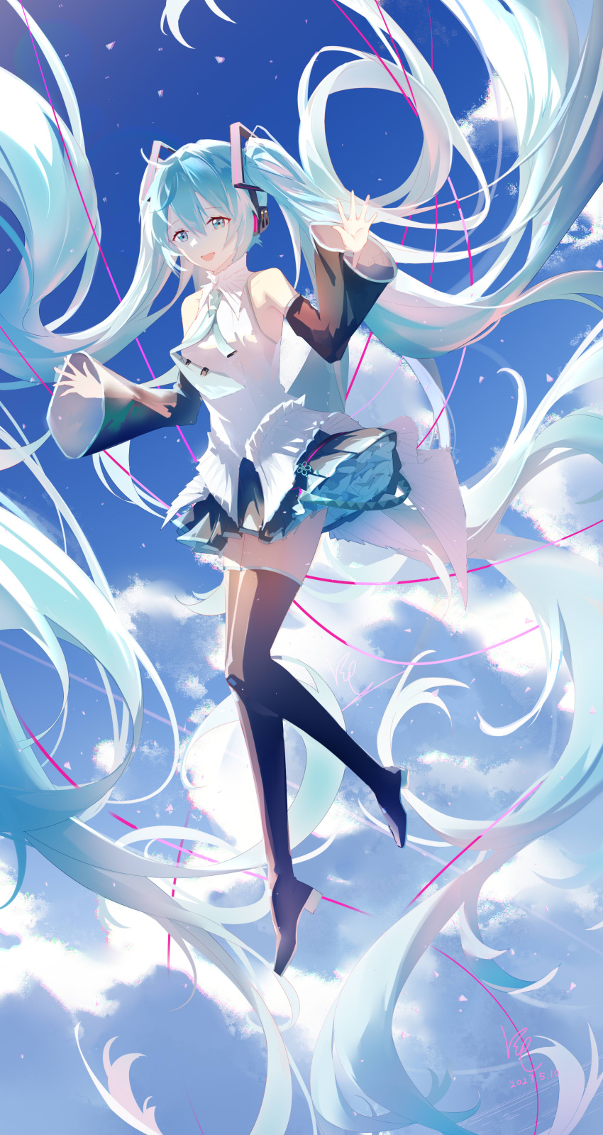 1girl absurdly_long_hair absurdres aqua_eyes aqua_hair aqua_necktie black_footwear black_skirt black_sleeves blue_sky boots chinese_commentary clouds cloudy_sky commentary_request day detached_sleeves floating floating_hair full_body hair_between_eyes hair_ornament hands_up hatsune_miku highres long_hair long_sleeves miniskirt necktie open_mouth outdoors pleated_skirt shirt skirt sky sleeveless sleeveless_shirt smile solo thigh_boots twintails very_long_hair vocaloid wen_chen white_shirt