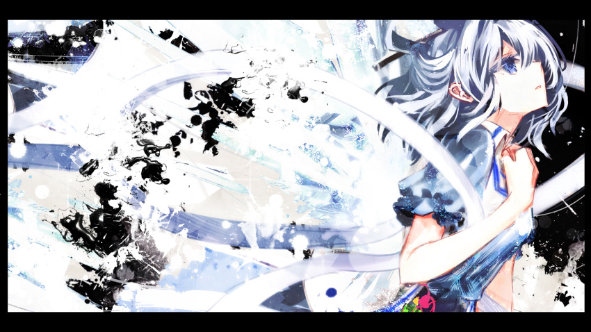 1girl abstract_background album_cover attack blue_dress blue_eyes blue_hair collared_dress cover crystal dress expressionless from_side hair_rings hand_on_own_chest highres ice kaku_seiga ruuya_higashino short_hair short_sleeves solo takamachi_walk touhou