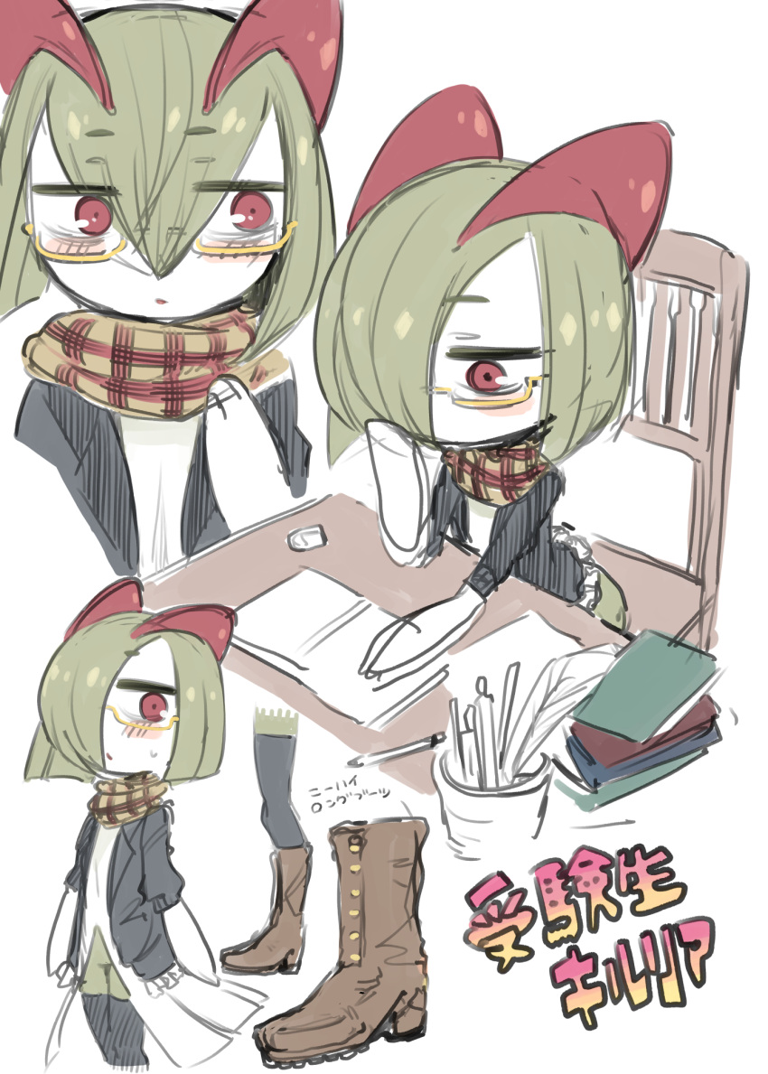 black_thighhighs blue_jacket book book_stack boots chair clothed_pokemon colored_skin desk glasses green_hair highres horns ino_(tellu0120) jacket kirlia multicolored_skin multiple_views open_clothes open_jacket pink_eyes pokemon pokemon_(creature) scarf sidelocks simple_background sitting thigh-highs two-tone_skin white_background white_skin