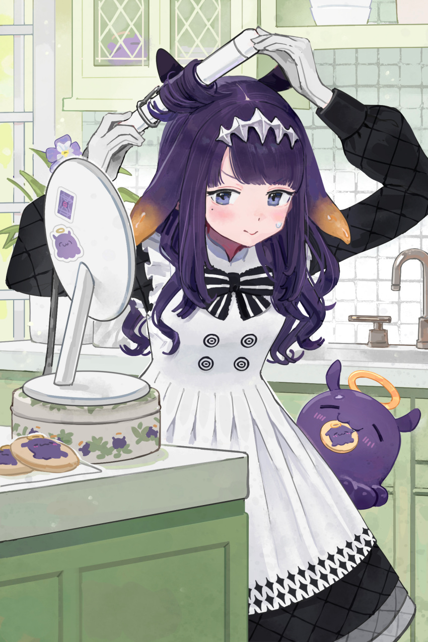 1girl absurdres apron black_dress blush cookie dress english_commentary food gloves highres hololive hololive_english long_hair mole mole_under_eye ninomae_ina'nis ninomae_ina'nis_(6th_costume) official_alternate_costume pointy_ears purple_hair tabby_ragtan violet_eyes