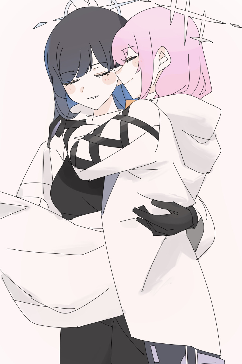 2girls aahakurei absurdres arms_around_neck atsuko_(blue_archive) black_dress black_hair blue_archive carrying closed_eyes closed_mouth commentary_request dress halo hand_on_another's_waist highres jacket long_hair multiple_girls parted_lips pink_hair princess_carry saori_(blue_archive) simple_background smile white_background white_dress white_jacket yuri
