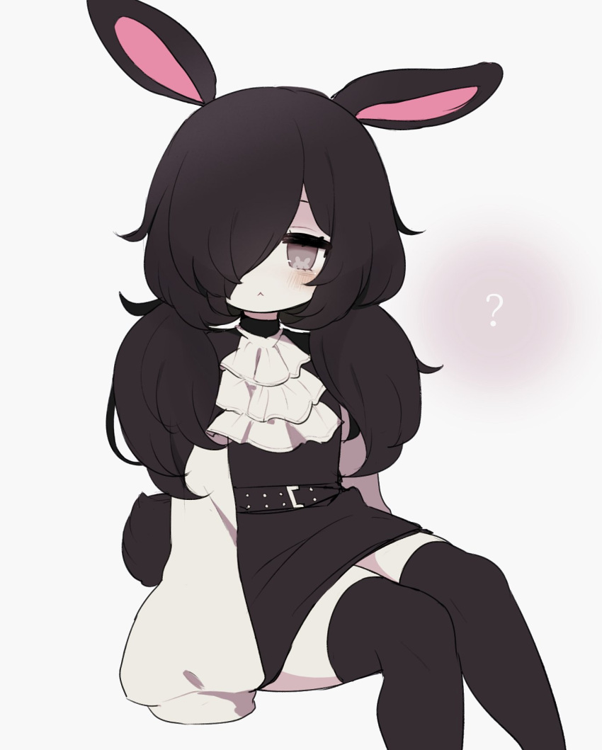 :&lt; ? animal_ears ascot belt black_belt black_hair black_shirt black_skirt black_thighhighs clarevoir grey_eyes hair_over_one_eye highres long_sleeves looking_at_viewer low_twintails original rabbit-shaped_pupils rabbit_ears rabbit_tail shirt simple_background sitting skirt sleeves_past_fingers sleeves_past_wrists solo symbol-shaped_pupils tail thigh-highs twintails white_ascot white_background white_sleeves