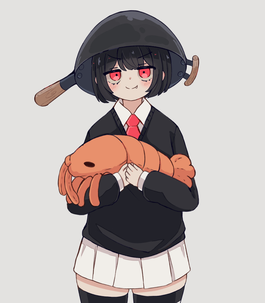 1girl absurdres black_hair black_thighhighs blush closed_mouth collared_shirt commentary dress_shirt english_commentary fang grey_background highres holding holding_stuffed_toy hugging_object jitome looking_at_viewer mai_(melonbread) melonbread necktie original own_hands_together pleated_skirt pot_on_head red_eyes red_necktie school_uniform shirt simple_background skirt smile smug solo standing stuffed_animal stuffed_shrimp stuffed_toy thigh-highs upturned_eyes v-neck v-shaped_eyebrows w_arms white_shirt white_skirt wok zettai_ryouiki