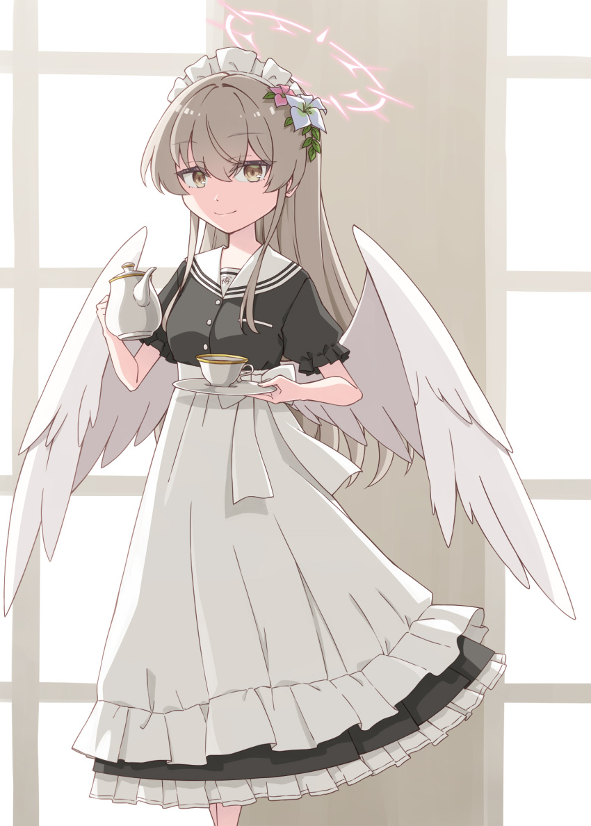 1girl apron black_dress blue_archive breasts brown_eyes brown_hair closed_mouth commentary_request cup dress feathered_wings flower frilled_apron frilled_dress frills hair_between_eyes hair_flower hair_ornament halo harada_(sansei_rain) highres holding holding_saucer holding_teapot indoors long_hair looking_at_viewer maid maid_headdress nagisa_(blue_archive) pink_flower puffy_short_sleeves puffy_sleeves sailor_collar sailor_dress saucer short_sleeves small_breasts smile solo standing teacup teapot very_long_hair waist_apron white_apron white_flower white_sailor_collar white_wings window wings