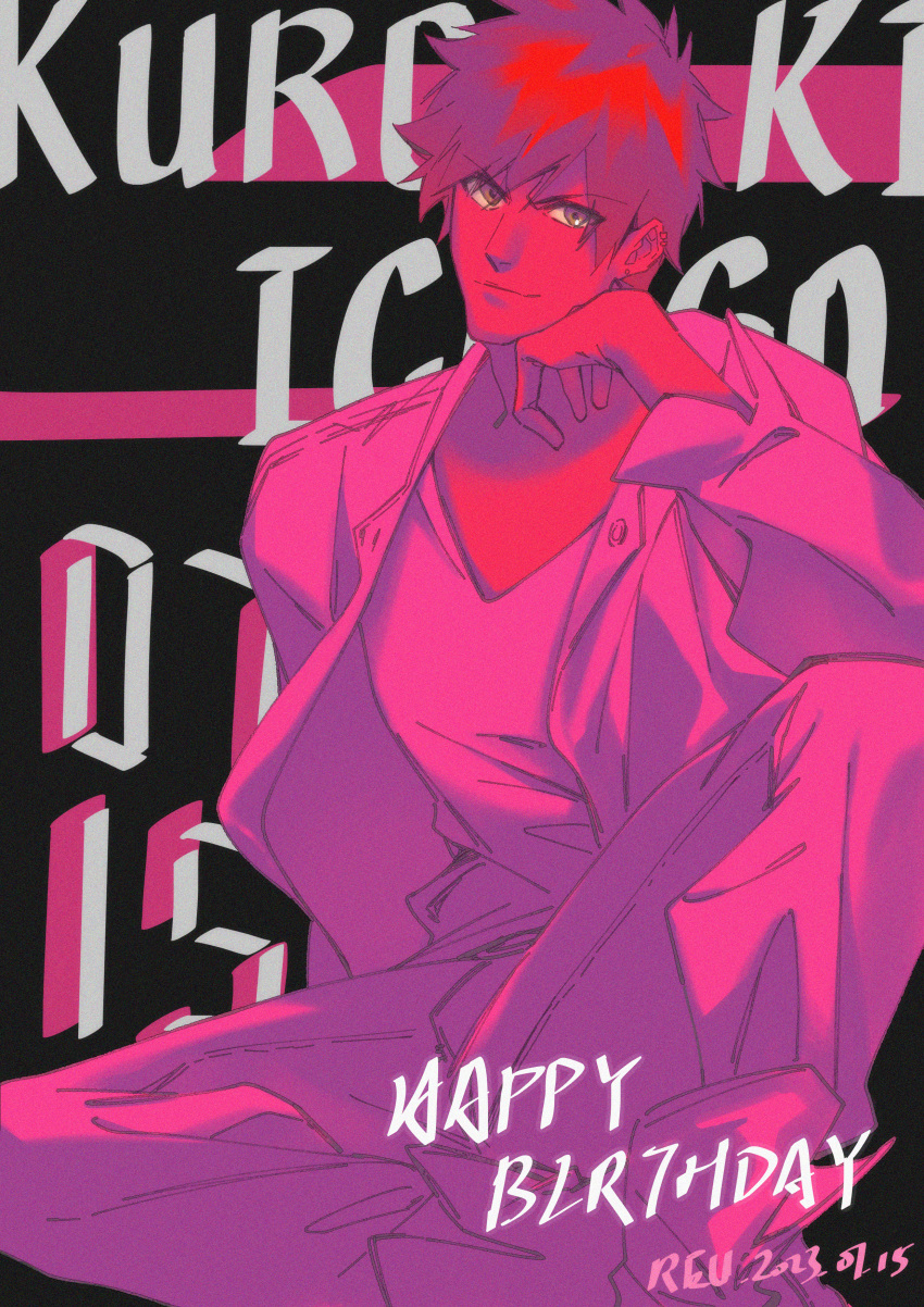 1boy 2023 absurdres bleach character_name dated earrings hair_between_eyes hand_on_own_chin happy_birthday highres jacket jewelry kurosaki_ichigo limited_palette long_sleeves male_focus open_clothes open_jacket pink_theme sitting smile solo spiky_hair v-neck you