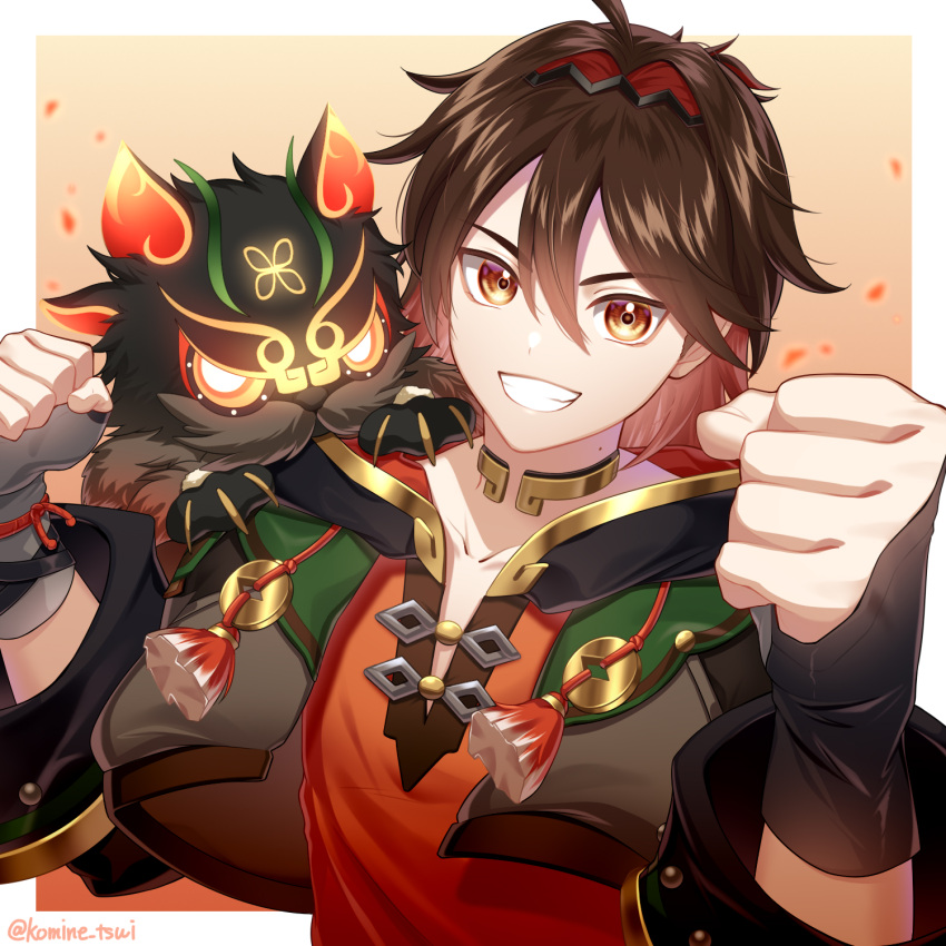 1boy animal_on_shoulder black_hairband brown_capelet brown_eyes brown_hair capelet collarbone colored_inner_hair gaming_(genshin_impact) genshin_impact grin hair_between_eyes hairband highres kgmn_kyo looking_at_viewer male_focus multicolored_hair red_shirt redhead shirt short_hair smile solo two-tone_hair upper_body