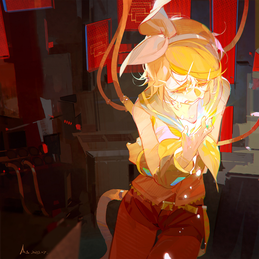 1girl a-shacho android bare_shoulders belt black_sailor_collar black_shorts black_sleeves blonde_hair bow cable chinese_commentary closed_eyes clutching_chest commentary_request cowboy_shot crying dated detached_sleeves glowing glowing_heart hair_bow hairband hand_on_own_chest highres joints kagamine_rin kokoro_(vocaloid) large_bow light_in_heart neckerchief open_mouth pantyhose red_pantyhose red_theme robot_joints sailor_collar self_hug shirt short_hair shorts signature solo tears thigh_gap vocaloid white_bow white_hairband white_shirt window_(computing) yellow_neckerchief yellow_theme