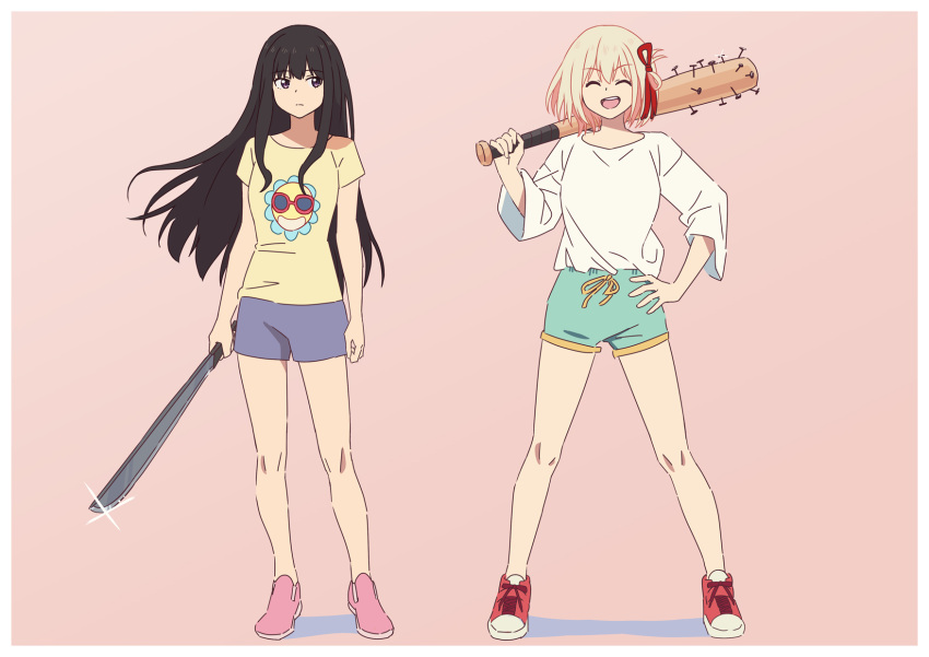 2girls ^_^ asada7101 baseball_bat black_hair blonde_hair blue_shirt blue_shorts bob_cut border breasts closed_eyes closed_mouth commentary_request floating_hair full_body glint hair_ribbon hand_on_own_hip highres holding holding_baseball_bat holding_machete inoue_takina long_hair lycoris_recoil medium_breasts multiple_girls nail nail_bat nishikigi_chisato open_mouth partial_commentary pink_background pink_footwear red_footwear red_ribbon ribbon shirt shoes short_hair shorts sidelocks simple_background sleeves_past_elbows smile standing teeth upper_teeth_only violet_eyes white_border yellow_shirt