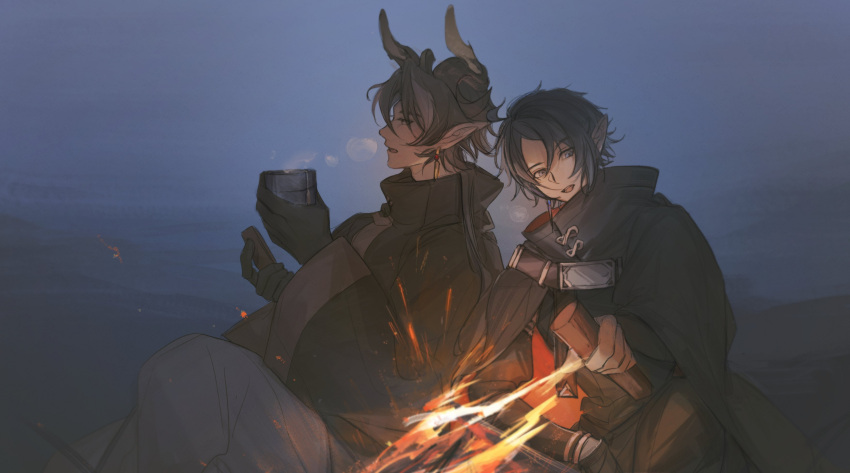 2boys absurdres arknights black_cape black_hair brown_hair cape chinese_clothes chinese_commentary chong_yue_(arknights) commentary_request dark dragon_boy dragon_horns drink earrings fire grey_eyes high_collar highres holding holding_drink horns htt1821 jewelry long_sleeves looking_down male_focus messy_hair multiple_boys open_mouth outdoors pointy_ears profile short_hair sitting smile steam wide_sleeves yellow_horns zuo_le_(arknights)