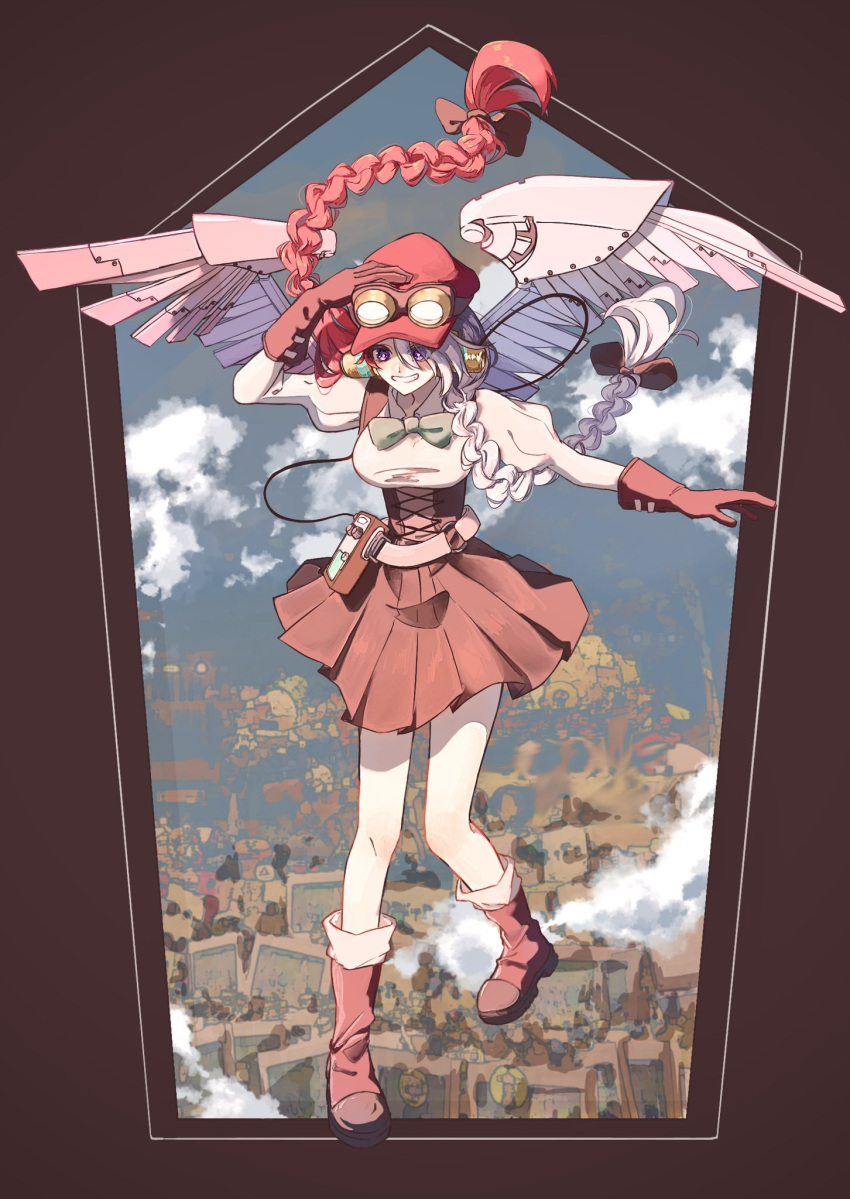 1girl arm_up belt bow clouds cloudy_sky commentary_request dress gloves goggles goggles_on_head green_bow hair_between_eyes highres juliet_sleeves long_hair long_sleeves low_twintails mechanical_wings midair multicolored_hair one_piece puffy_sleeves red_dress red_footwear red_gloves redhead sidelocks sky smile solo steampunk sub_lemolemon twintails two-tone_dress two-tone_hair uta_(one_piece) violet_eyes white_dress white_hair wings