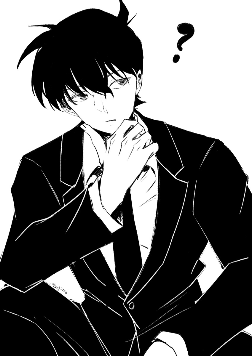 1boy ? absurdres buttons closed_mouth coattails collared_jacket collared_shirt cowboy_shot greyscale hair_between_eyes hand_on_own_chin highres jacket kudou_shin'ichi layered_sleeves light_frown long_sleeves looking_to_the_side male_focus meitantei_conan monochrome necktie pants sanshui_guantang shirt short_hair signature simple_background sitting solo suit thinking white_background