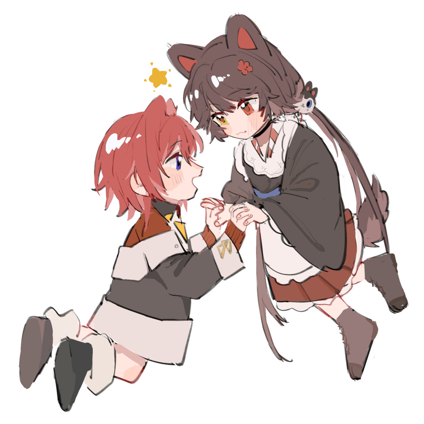 2girls ange_katrina animal_ears apron black_dress black_jacket blue_eyes blush boots brown_footwear brown_hair cat_ears chinese_commentary commentary_request dog_girl dog_tail dress flower hair_flower hair_ornament heterochromia highres holding_hands interlocked_fingers inui_toko jacket lingyi long_sleeves multiple_girls nijisanji open_mouth red_eyes red_flower red_shirt red_skirt redhead shirt short_hair simple_background skirt smile star_(symbol) tail twintails virtual_youtuber white_apron white_background yellow_eyes yuri