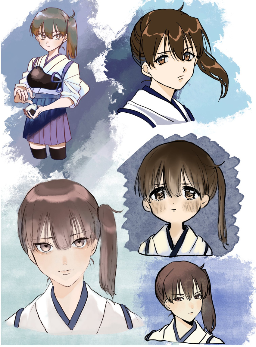 1girl aupt31 black_thighhighs blue_hakama blush brown_eyes brown_hair closed_mouth commentary_request food hair_between_eyes hakama hakama_skirt highres holding holding_food japanese_clothes kaga_(kancolle) kantai_collection multiple_views muneate onigiri ponytail side_ponytail simple_background skirt tasuki thigh-highs