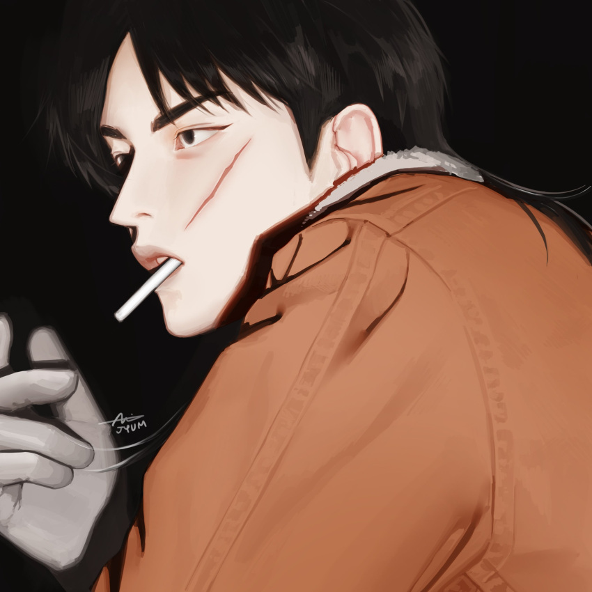 1boy absurdres black_background black_eyes black_hair bomber_jacket brown_jacket cigarette commentary_request expressionless gloves grey_gloves highres itou_kaiji jacket jyum_00 kaiji korean_commentary long_hair looking_afar male_focus medium_bangs open_mouth realistic scar scar_on_cheek scar_on_face simple_background solo upper_body