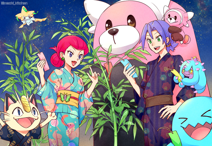1boy 1girl :d alternate_costume bewear blue_eyes commentary_request dustox earrings green_eyes hand_on_own_hip happy highres holding james_(pokemon) japanese_clothes jessie_(pokemon) jewelry jirachi kimono looking_down mareanie meowth open_mouth outdoors pokemon pokemon_(anime) pokemon_(creature) pokemon_sm_(anime) purple_hair rikovui sash sky smile star_(sky) stufful teeth tongue upper_teeth_only wobbuffet yellow_sash