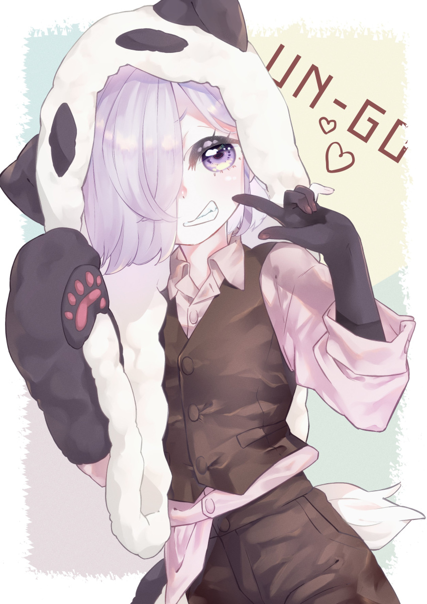 1boy absurdres androgynous ayu_(rinrin53) border brown_pants brown_vest copyright_name eyelashes grin hair_over_one_eye headwear_with_attached_mittens heart highres inga male_focus panda_boy panda_hat panda_tail pants pink_shirt pointing pointing_at_self purple_hair shirt smile solo un-go vest violet_eyes white_border