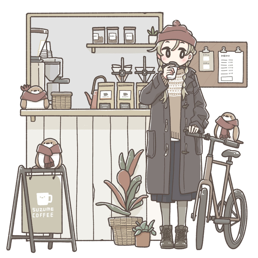1girl bicycle bird black_footwear boots braid brown_hair coat cup east_sha2 highres holding holding_cup long_hair long_sleeves looking_at_viewer original plant potted_plant solo twin_braids