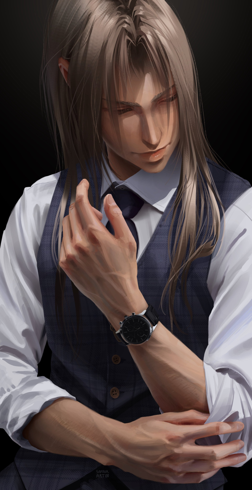 1boy absurdres alternate_costume black_background closed_eyes closed_mouth collared_shirt english_commentary final_fantasy final_fantasy_vii final_fantasy_vii_remake grey_hair grey_vest hair_over_shoulder highres long_hair male_focus necktie parted_bangs parted_lips purple_necktie realistic safaia sephiroth shirt sleeves_rolled_up solo upper_body vest watch watch white_shirt