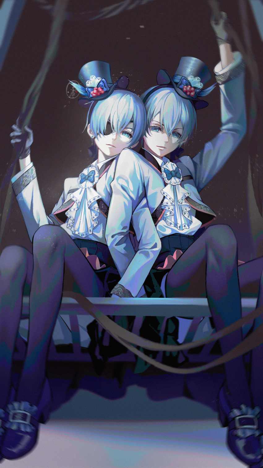 2226480274 2boys absurdres ascot bishounen black_footwear black_gloves black_pantyhose blue_bow blue_eyes blue_hair blue_hat blue_jacket bow bowtie ciel_phantomhive ciel_phantomhive's_brother closed_mouth earrings eyepatch gloves hair_between_eyes hat hat_bow highres jacket jewelry kodona kuroshitsuji locked_arms lolita_fashion looking_at_viewer male_focus multiple_boys open_clothes open_jacket pantyhose shirt short_hair siblings sitting top_hat twins watermark white_ascot white_shirt