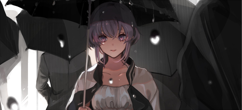 1girl 7wata_himori black_umbrella closed_mouth dark-skinned_female dark_skin dress fate/prototype fate/prototype:_fragments_of_blue_and_silver fate_(series) hassan_of_serenity_(fate) highres jacket looking_at_viewer people purple_hair rain solo_focus umbrella upper_body violet_eyes white_dress