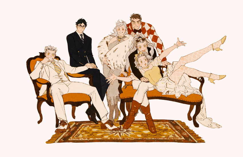3boys 3girls akaashi_keiji arms_up black_hair black_jacket black_nails black_necktie black_pants black_suit bokuto_koutarou boots brown_footwear brown_hair carpet chair chengongzi123 collared_jacket collared_shirt commentary crossed_legs dress elbow_rest eyewear_on_head family fishnet_pantyhose fishnets full_body glasses grey_hair grey_necktie grin haikyuu!! hairband head_rest high_heels highres jacket jewelry long_hair long_sleeves looking_at_viewer lying_on_lap multicolored_hair multiple_boys multiple_girls necklace necktie orange_eyes outstretched_arms pants pantyhose pink_background ponytail saddle_shoes shirt shoes short_hair simple_background sitting smile standing streaked_hair striped_necktie suit sweater symbol-only_commentary thick_eyebrows tongue tongue_out very_short_hair vest white_pantyhose white_shirt yellow_eyes yellow_footwear yellow_hairband yellow_necktie