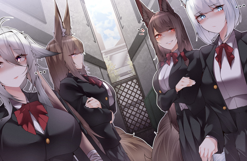 ... 4girls :/ absurdres akagi_(azur_lane) amagi_(azur_lane) animal_ears arm_support arm_under_breasts azur_lane baseball_bat black_skirt blazer blue_eyes blush bow bowtie breast_rest breasts brown_hair casual collared_shirt cowboy_shot crossed_arms day expressionless eyeshadow fox_ears fox_girl fox_tail from_side gang grin hair_between_eyes hair_over_one_eye half-closed_eyes highres holding holding_baseball_bat jacket kaga_(azur_lane) kitsune large_breasts long_hair looking_at_viewer looking_back makeup medium_hair multiple_girls multiple_tails open_clothes open_jacket outdoors pink_eyes pleated_skirt red_bow red_bowtie red_eyes red_eyeshadow samip school_uniform shirt skirt slit_pupils smile staring tail tosa_(azur_lane) unbuttoned upper_body very_long_hair violet_eyes white_hair white_shirt